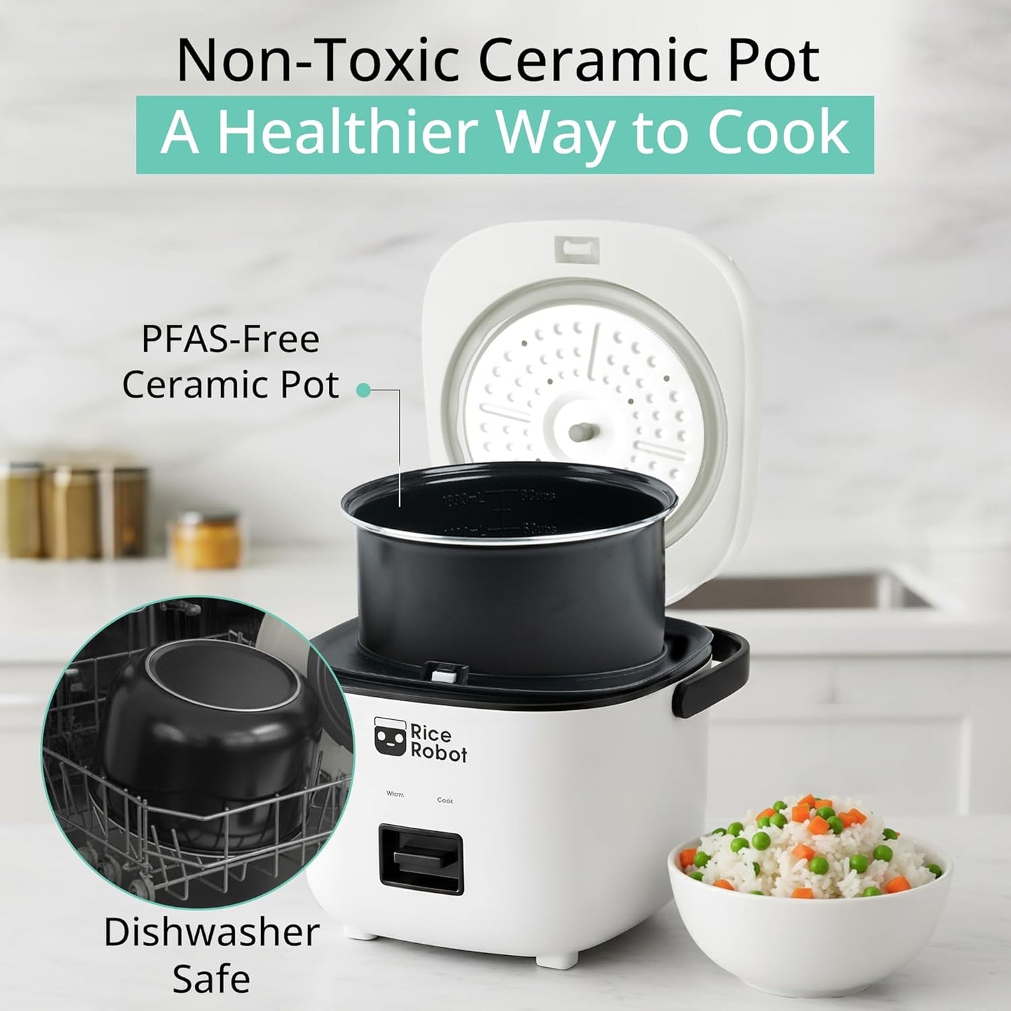 Rice Robot Personal Rice Cooker - PFAS-Free Nonstick Design | 1 Quart Capacity with Steamer Tray & Recipe Book