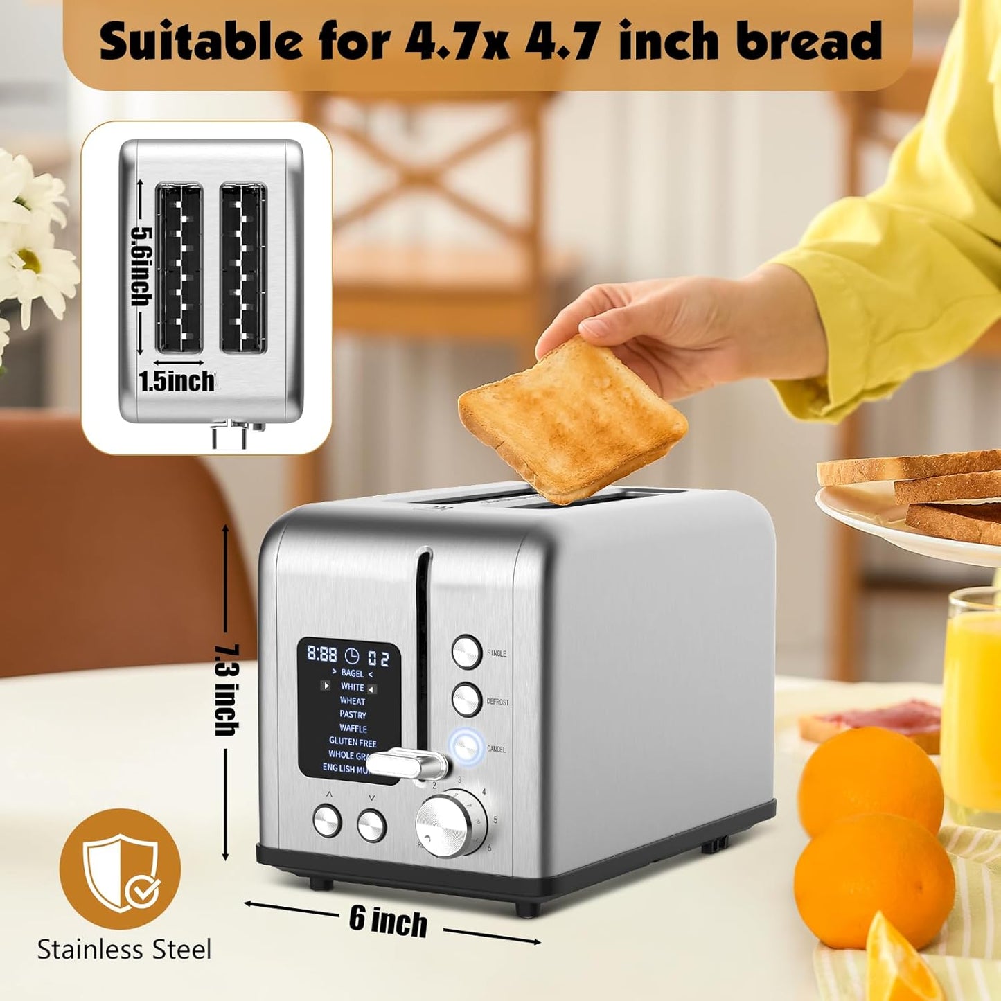 Skiennix 2-Slice Bagel Toaster - Stainless Steel with LED Timer & 6 Browning Levels, 825W