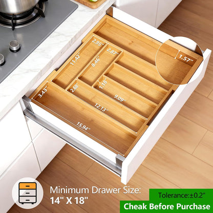Pipishell Bamboo Silverware Organizer - Adjustable Utensil Tray for Kitchen & Home | Cutlery Holder