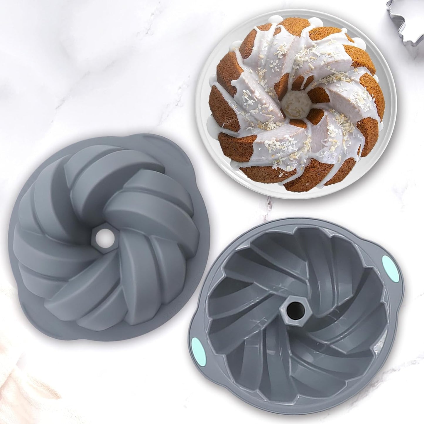 Tongjude Silicone Fluted Cake Pans - Non-Stick 4-Piece Set for Baking Cakes, Bread & Jello | 6/7/8 Cups, Grey