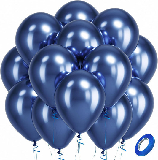 Bezente Metallic Navy Blue Latex Balloons - 100 Pack | 12-Inch Round Helium Chrome for Parties