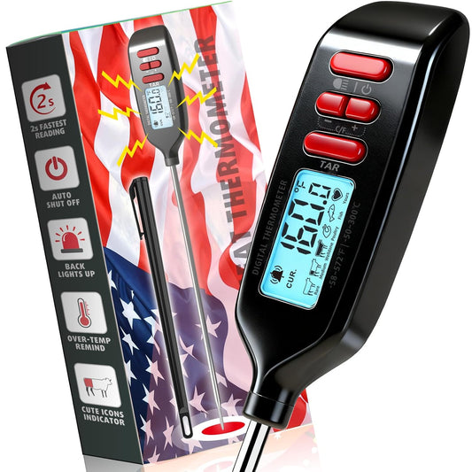 Antonki Digital Meat Thermometer - Instant Read Food Thermometer with Long Probe for Cooking & Grilling | Backlit Display Included