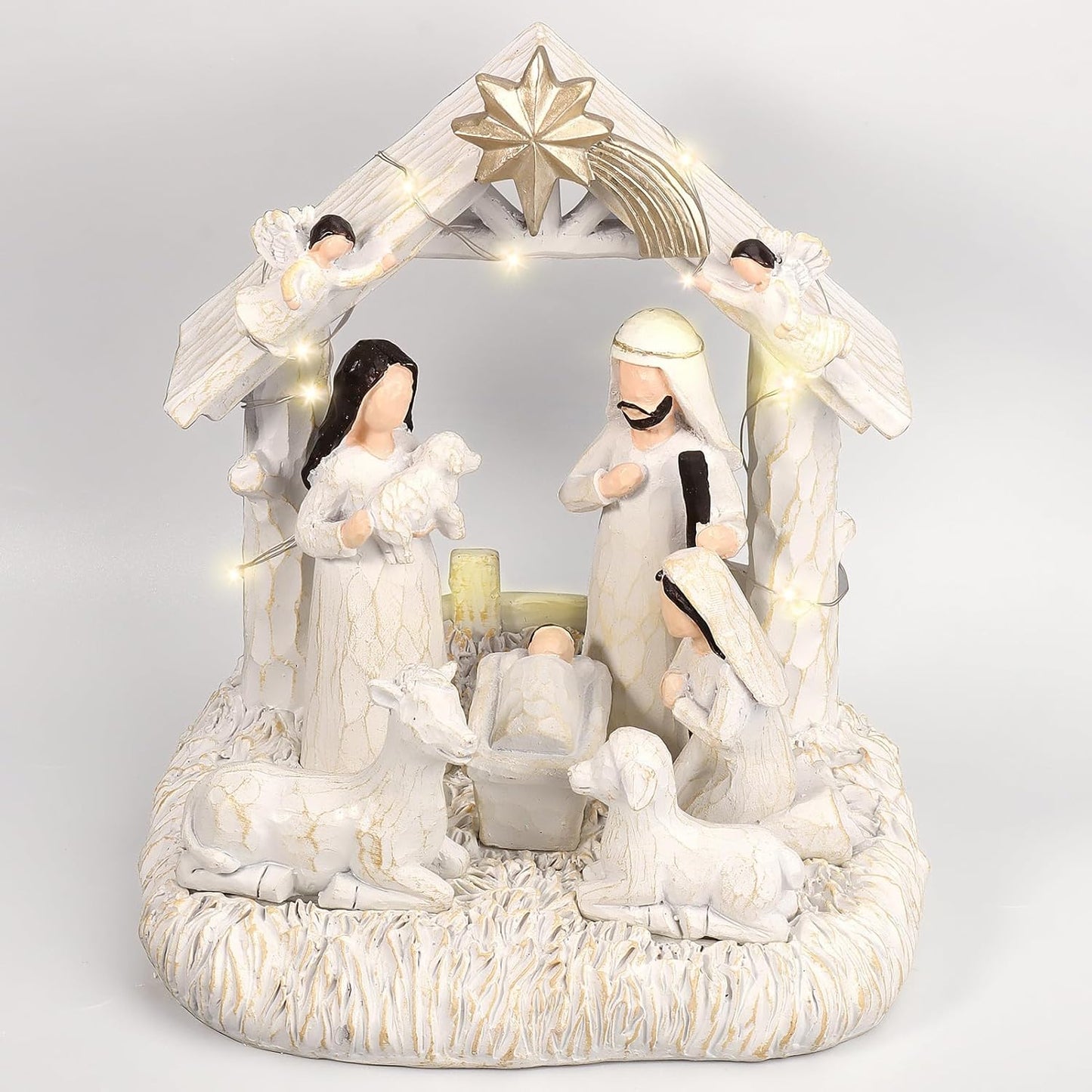 Nativity Set with LED Lights - Christmas Nativity Scene & Manger for Festive Table Decoration