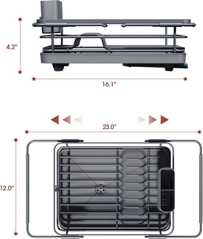 Skiennix Extendable Dish Drying Rack - Over Sink Storage with Utensil Holder | 12" W x 16.1~23" L, Gray