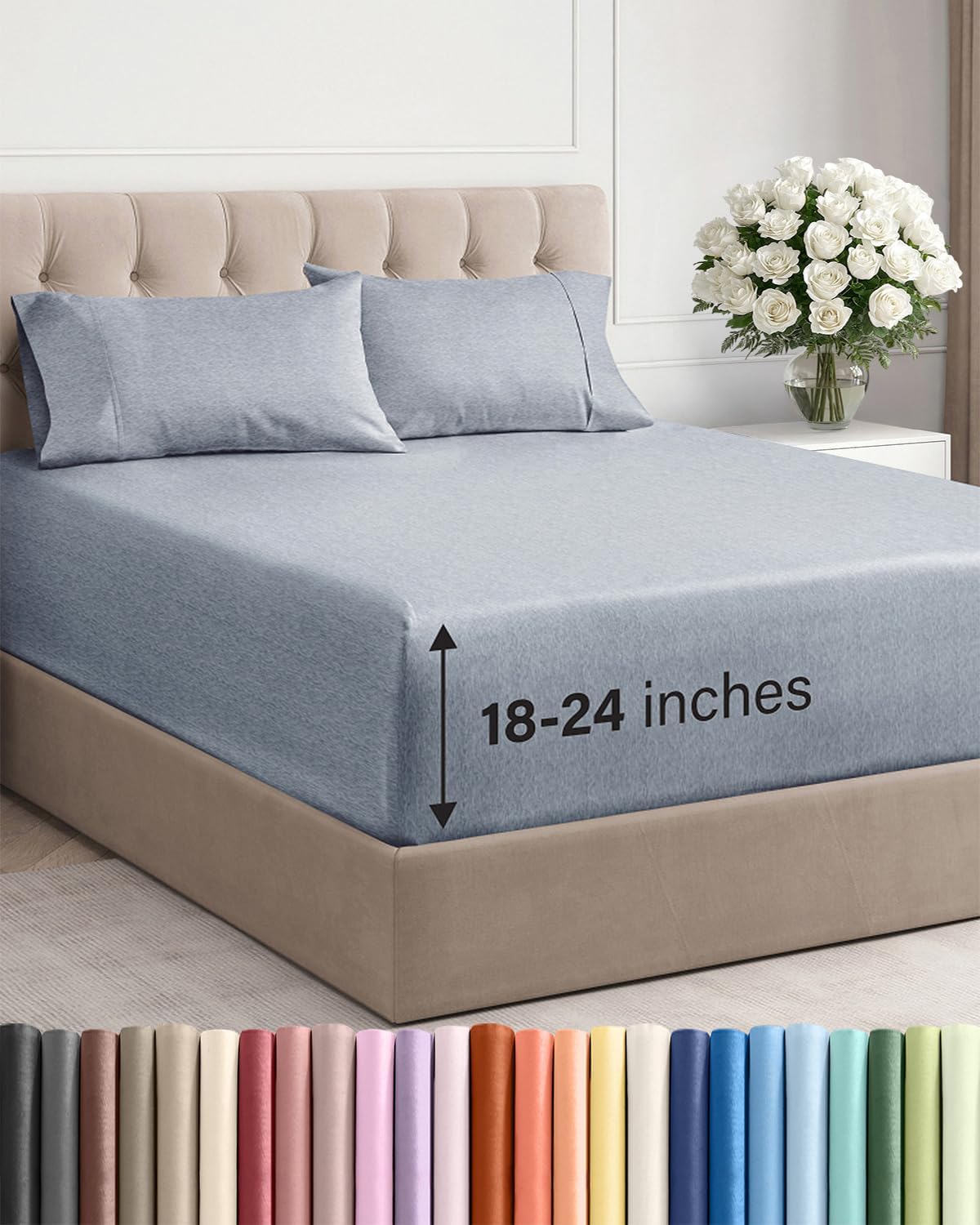 Skiennix Extra Deep Twin XL Sheet Set - 4-Piece Breathable Cooling Bedding - Soft & Wrinkle-Free - Heathered Blue