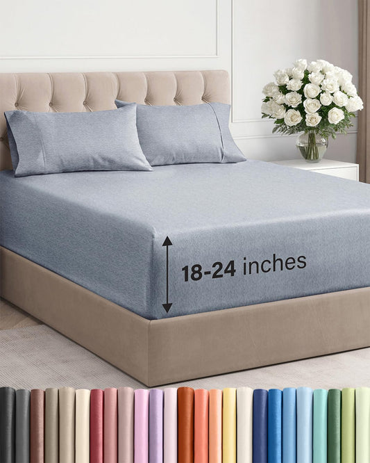 Skiennix Extra Deep Twin XL Sheet Set - 4-Piece Breathable Cooling Bedding - Soft & Wrinkle-Free - Heathered Blue