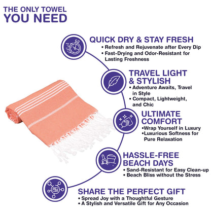 PADISHAHHOME Turkish Beach Towels, Pack of 2 | Oversized, Quick Dry, Sand Free | 100% Cotton, Large 38x71 Towels for Beach, Pool, Travel | Ultra-Soft, Compact, and Absorbent | Orange
