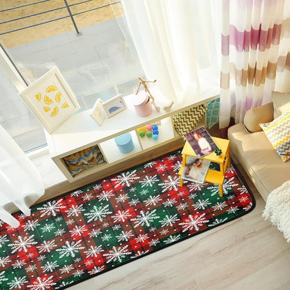 Christmas Snowflake Plaid Runner Rug 2' x 6' - Non-Slip Washable Hallway Mat, Holiday Decor (A01)