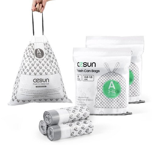 Cesun Code A Drawstring Trash Bags 90 Count, Pre Cut 1.6 Gallon / 6 Liter Small Bathroom Trash Can Liners, White