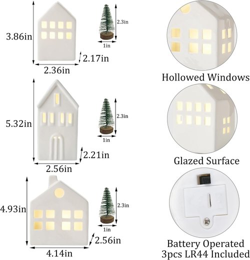 **Ceramic Christmas Village Houses - 3-Piece Light Up Winter Decor Set with Trees | Tabletop Centerpiece**