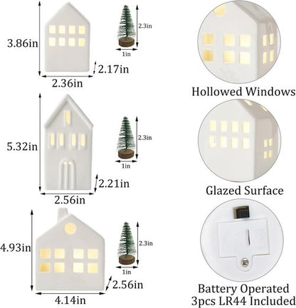 **Ceramic Christmas Village Houses - 3-Piece Light Up Winter Decor Set with Trees | Tabletop Centerpiece**
