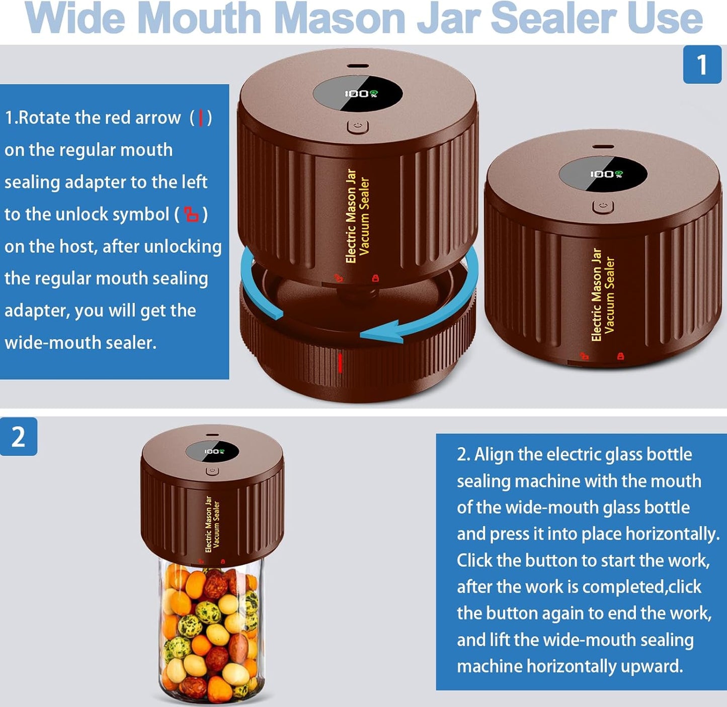 Skiennix Electric Mason Jar Vacuum Sealer Kit - Ideal for Wide & Regular Mouth Jars - Brown