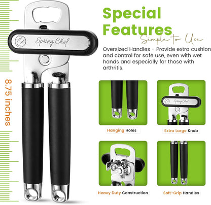Spring Chef Stainless Steel Can Opener - Heavy Duty Manual Design with Soft Grip Handles - Black