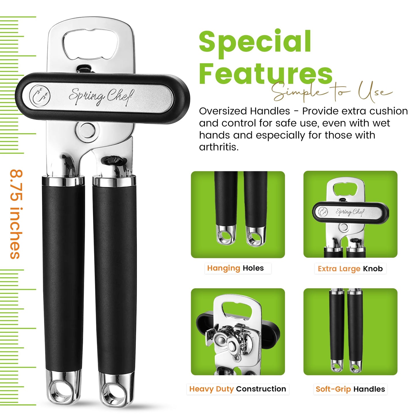 Spring Chef Heavy Duty Can Opener with Soft Grip Handles & Stainless Steel Lemon Zester, Fine Shred - 2 Product Bundle - Black