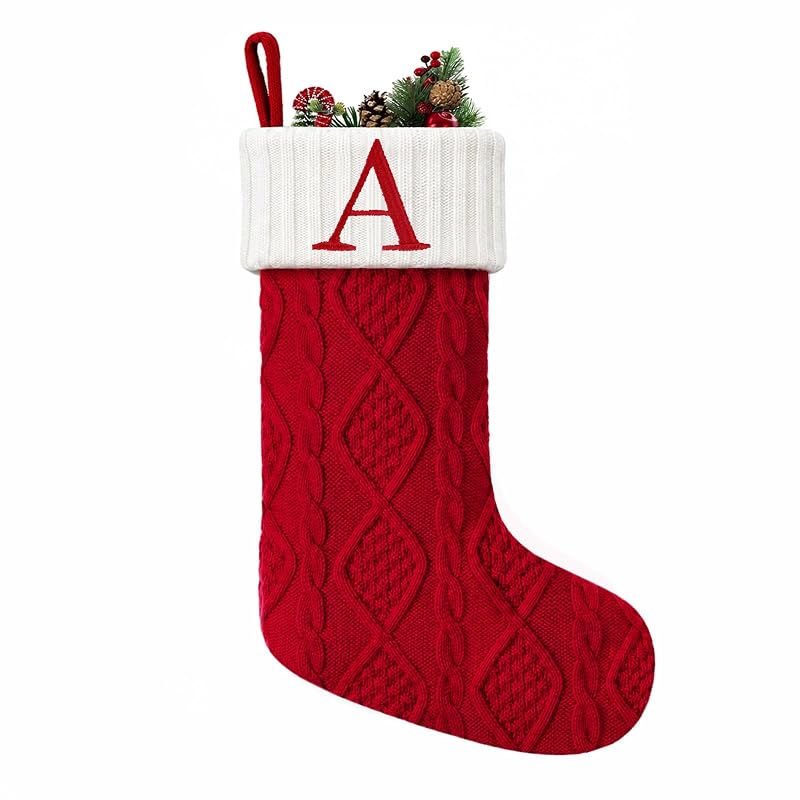 Personalized 20” Christmas Stocking with Initial A - Knitted Embroidered Monogram