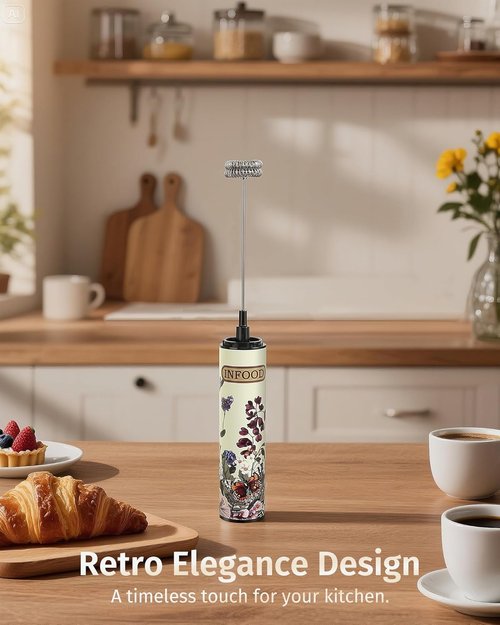 INFOOD Milk Frother Rechargeable with Cover - Coffee Frother Wand, Drink Mixer Handheld with 2 Detachable Stainless Whisks 2 Speed Adjustable for Latte, Cappuccino, Hot Chocolate, Egg, Vintage Floral