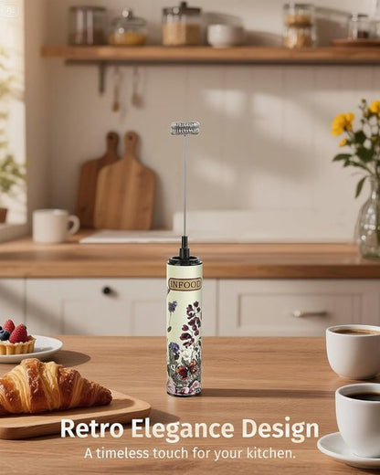 INFOOD Milk Frother Rechargeable with Cover - Coffee Frother Wand, Drink Mixer Handheld with 2 Detachable Stainless Whisks 2 Speed Adjustable for Latte, Cappuccino, Hot Chocolate, Egg, Vintage Floral
