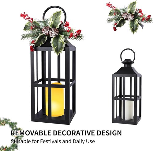 Bdor Christmas Lantern Decoration - 2 Pack with LED Flameless Candle & Pinecones | Holiday Tabletop Decor