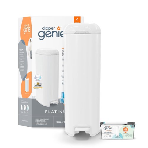 Diaper Genie Platinum Pail - Durable Stainless Steel | Includes 1 Easy Roll Refill with 18 Bags