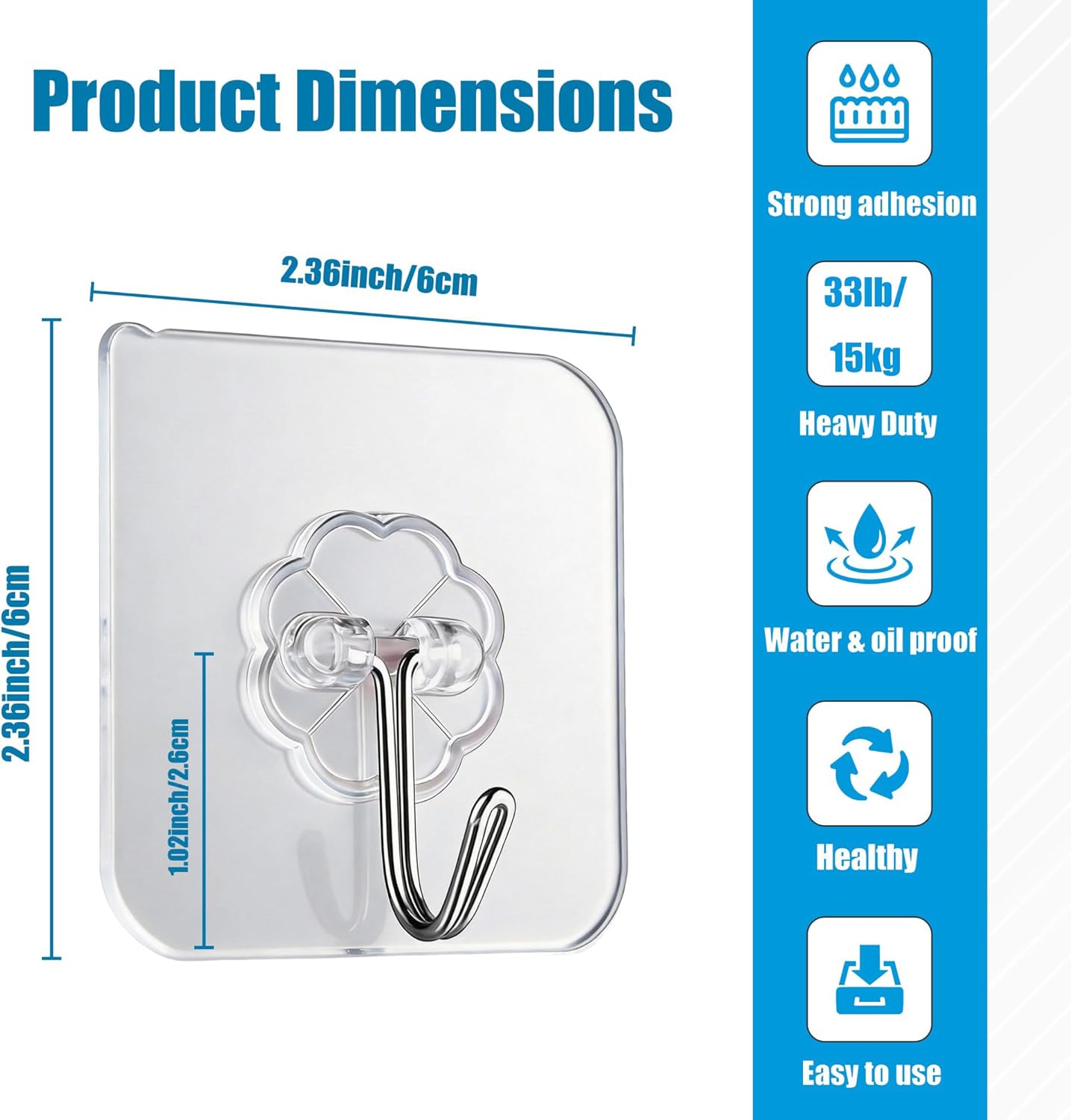 Skiennix Heavy Duty Self-Adhesive Wall Hooks - 33lb Capacity, Waterproof & Oilproof | 10 Pack for Bathroom & Kitchen