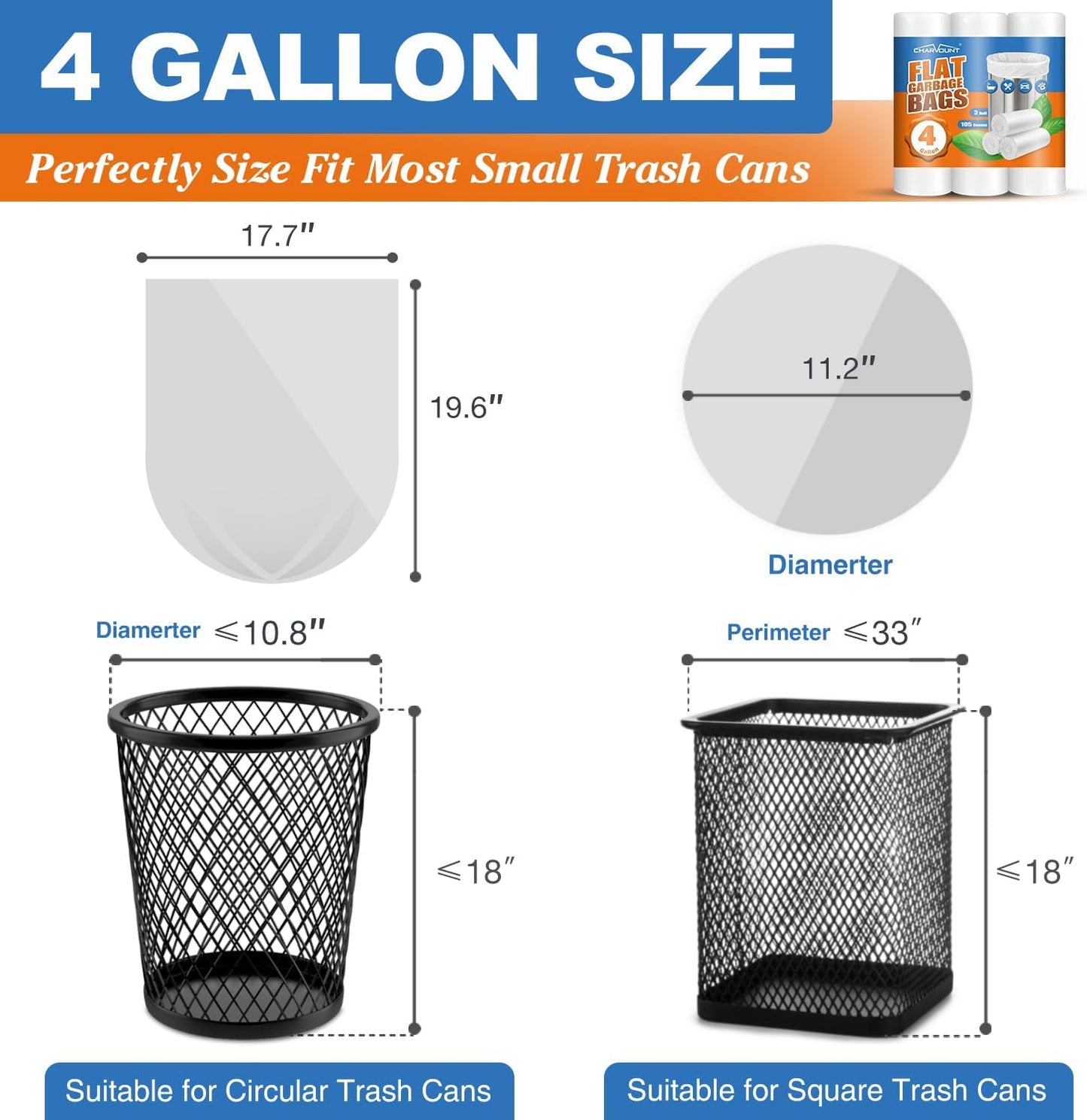 Skiennix 4 Gallon Small Trash Bags - 105 Count Unscented Garbage Bags for Home & Office Use