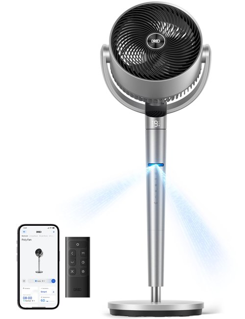 DREO Smart Fan for Bedroom, Position-based Oscillation, 150°+120° 3D Oscillating Fan, 110ft Pedestal Fans with Wi-Fi/Voice/Remote, Standing Fans Work with Alexa/Google, 9 Speeds, 6 Modes, 25dB, Silver