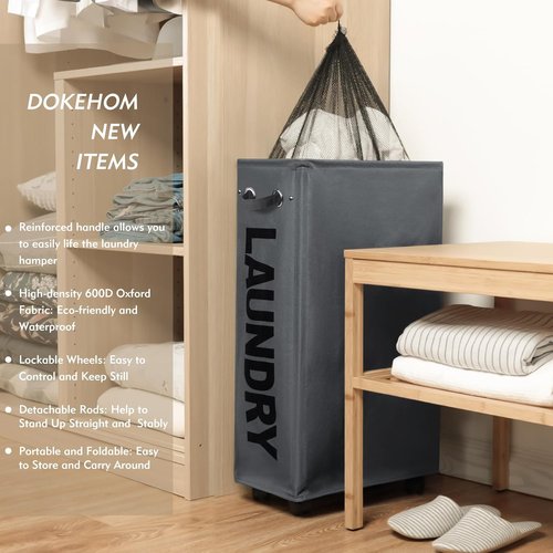 DOKEHOM 29-Inch Slim Laundry Basket - Collapsible Rolling Hamper with Removable Wash Bag | Dark Grey