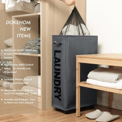 DOKEHOM 29-Inch Slim Laundry Basket - Collapsible Rolling Hamper with Removable Wash Bag | Dark Grey