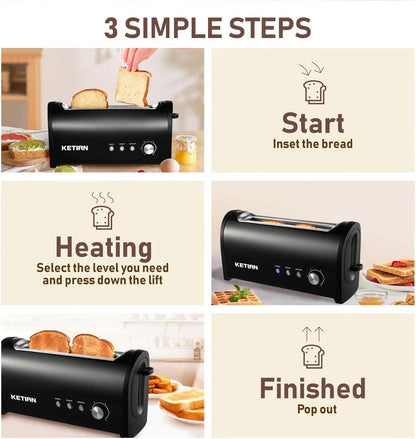 Regine Switzerland Long Slot Toaster - 2 Slice with 6 Browning Settings & Removable Crumb Tray | Black Stainless Steel
