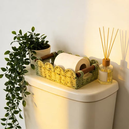 Handwoven Wicker Basket Set of 2 - Small Scalloped Toilet Paper Storage with Handles | Green