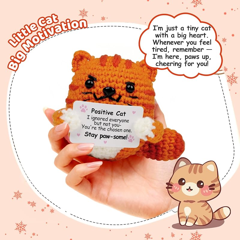 Orange-Cat Positive Crochet Cat Gift — Uplifting Message for Women & Men, Handmade Décor