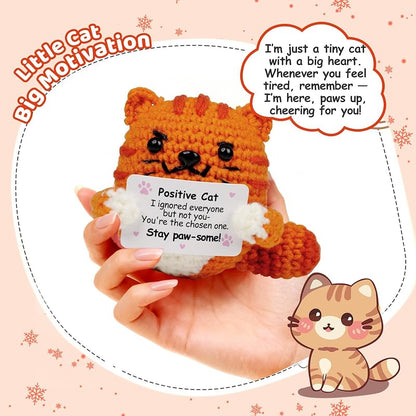 Orange-Cat Positive Crochet Cat Gift — Uplifting Message for Women & Men, Handmade Décor