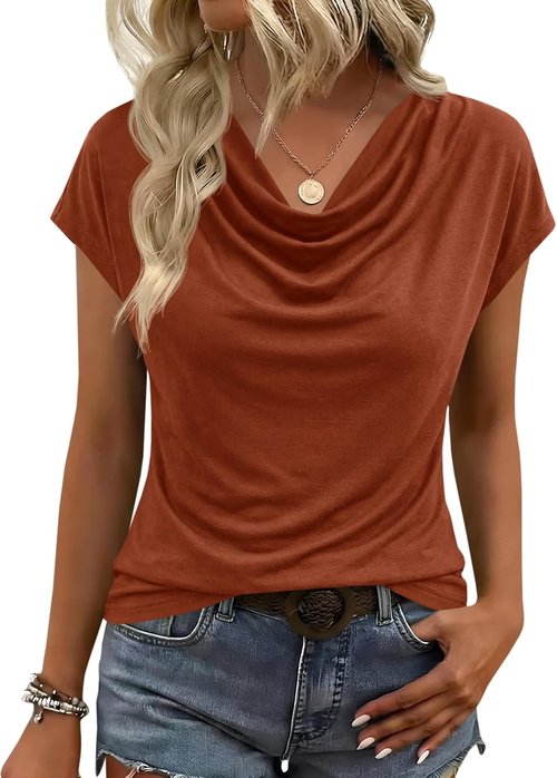 Fisoew Women's Cowl Neck Casual Tops - Stylish Short Sleeve Work Blouses for Summer 2026