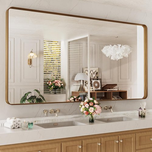 LOAAO Bathroom Mirror - 72x36 Inch Rounded Rectangle with Wood Grain Metal Frame | Anti-Rust, Versatile Hanging Options