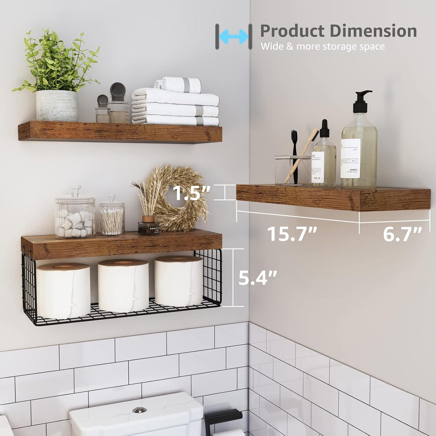 QEEIG Bathroom Shelves Over Toilet - Rustic Brown Wall-Mounted Floating Shelves | Set of 3, 16 Inch Toilet Paper Storage