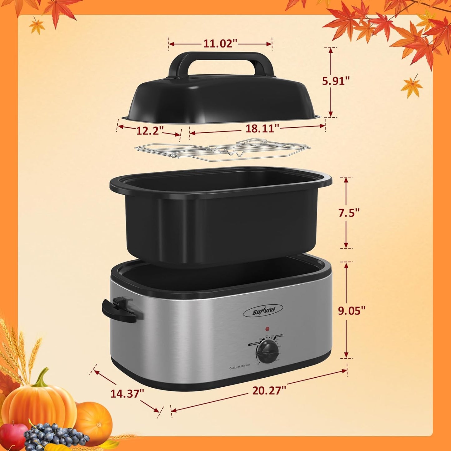 Sunvivi Electric Roaster Oven - 24 Quart Turkey Roaster with Self-Basting Lid & Removable Pan | Stainless Steel Silver