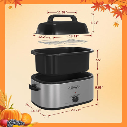 Sunvivi Electric Roaster Oven - 24 Quart Turkey Roaster with Self-Basting Lid & Removable Pan | Stainless Steel Silver