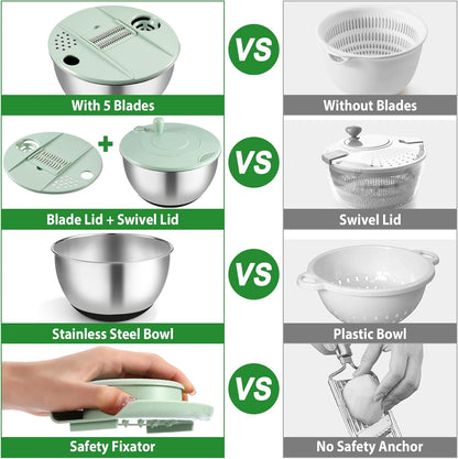 Salad Spinner Stainless Steel - 5.3 Qt Large Vegetable & Fruit Washer with 5 Blade Slicer
