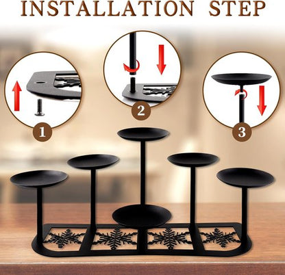 Fireplace Candelabra Candle Holder - Matte Black Metal with 6 Stands | Elegant Mantle Decor for Pillar Candles