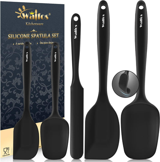 Walfos Silicone Spatula Set of 5 - High Heat Resistant (600°F) Kitchen Scrapers | BPA Free, Dishwasher Safe, Black