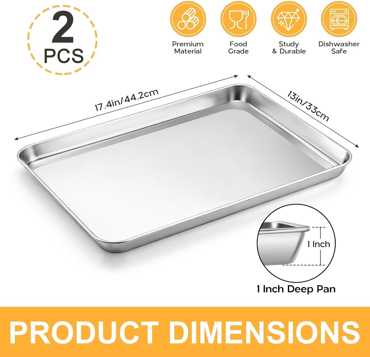 Onader Large Baking Sheet - 18 x 13 Inch Stainless Steel Cookie Pan | Dishwasher Safe, 2-Pack
