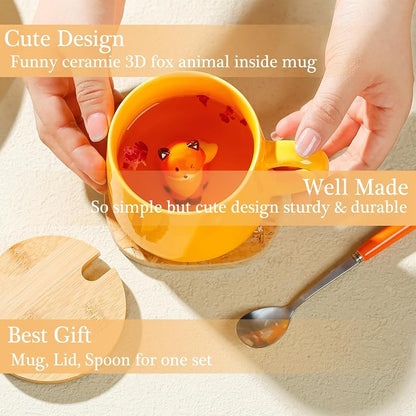 Fox Mugs with 3D Fox Inside, Ceramic Coffee Mug with Lid & Spoon - 13.5oz - Variation: Fox