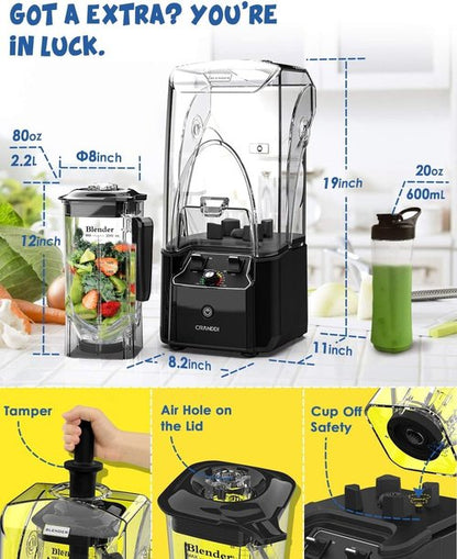CRANDDI Commercial Blender - 2200 Watt Quiet Countertop Blender with 80oz Pitcher | Smoothie Maker in Black