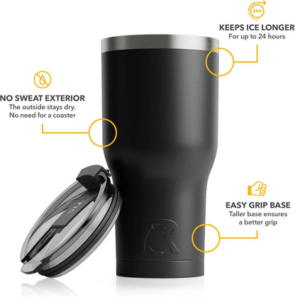 RTIC 30 oz Insulated Tumbler - Stainless Steel Travel Mug with Spill-Proof Lid | Black, Hot & Cold Beverages