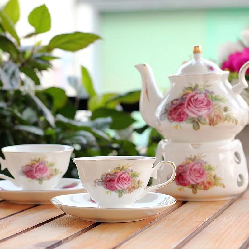 Noble Rose Ceramic Tea Set Gift by Scizorito – 29oz Teapot, 4 cups & Heater