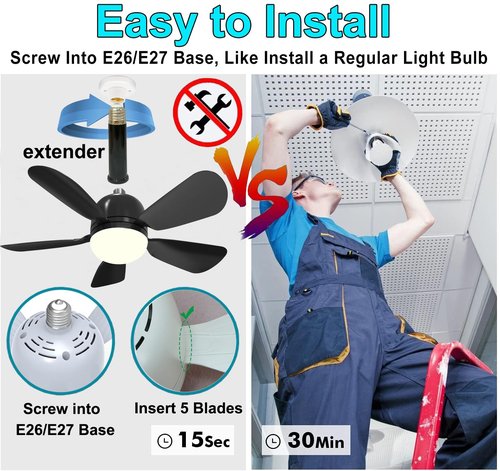 2Pack Socket Fan Light, Ceiling Fans With Lights and Remote, E26 Screw-in Socket Ceiling Fan Bulb With Dimmable LED, Airflow Quiet Fan for Bedroom Living Room Kitchen - Black