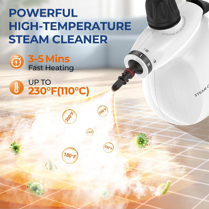 Skiennix Steam Cleaner - Pressurized Handheld Deep Cleaning Steamer with 13 Accessories | Portable for Home, Car, and Upholstery - White