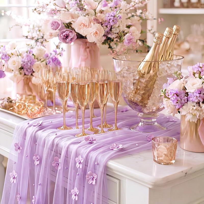 6 Pcs 29x120'' Pearl Tulle Table Runner - Purple, Wedding Party Set (Variation: Purple)