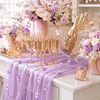 6 Pcs 29x120'' Pearl Tulle Table Runner - Purple, Wedding Party Set (Variation: Purple)