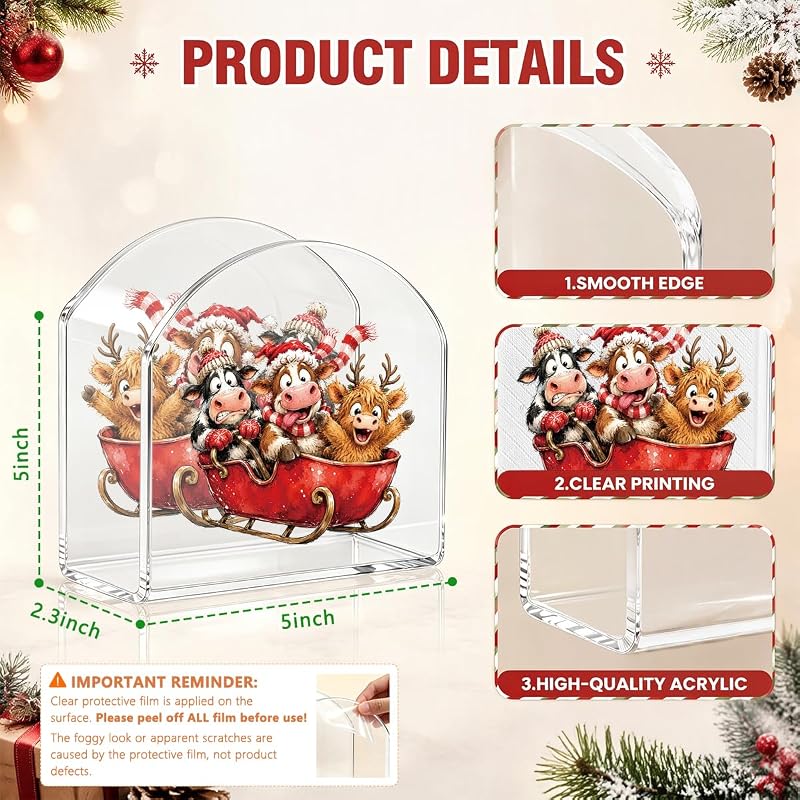 Christmas Napkin Holder - Acrylic U-Frame, Anti-Slip, 2.3x5x5 in, Sleigh Highland Cow Variation